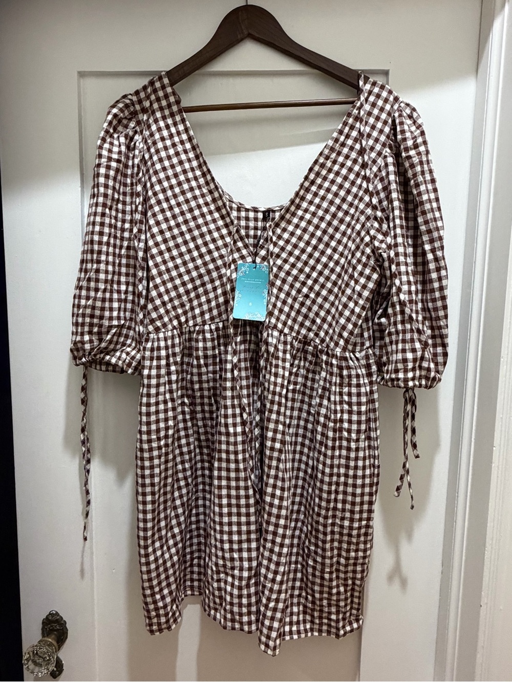 Brown Gingham V-Neck Mini Dress with Puff Sleeves
